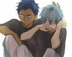 the image is fanart depicting a tender and intimate scene between kagami taiga and kuroko tetsuya from the anime kuroko no basuke. kagami, with his dark skin and blue hair, has his arm around kuroko, who has light blue hair and is visibly upset, perhaps crying. kuroko is partially covering his face with his hands. both are dressed in casual clothing and are seated close together. the art style is typical of anime/manga, with soft shading and expressive character designs. the overall mood is one of comfort and support, hinting at a close emotional bond between the characters.