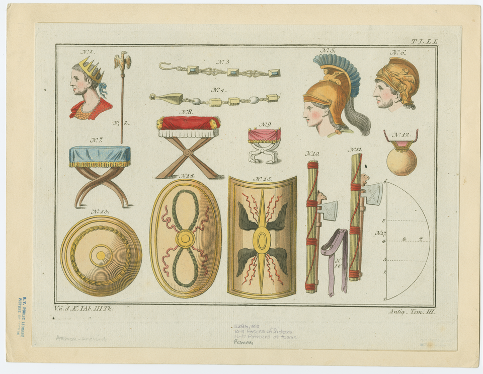 a colored illustration depicting various pieces of roman armor. the illustration includes helmets, shields, axes, a scepter, a medallion, seats, and crowns. each item is numbered.