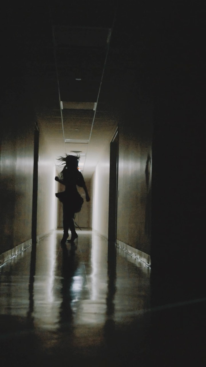 a silhouetted figure of a woman in a dress and high heels is running down a dimly lit hallway. the light source is at the end of the hallway, creating a strong contrast and casting long reflections on the polished floor. the overall atmosphere is eerie and mysterious.
