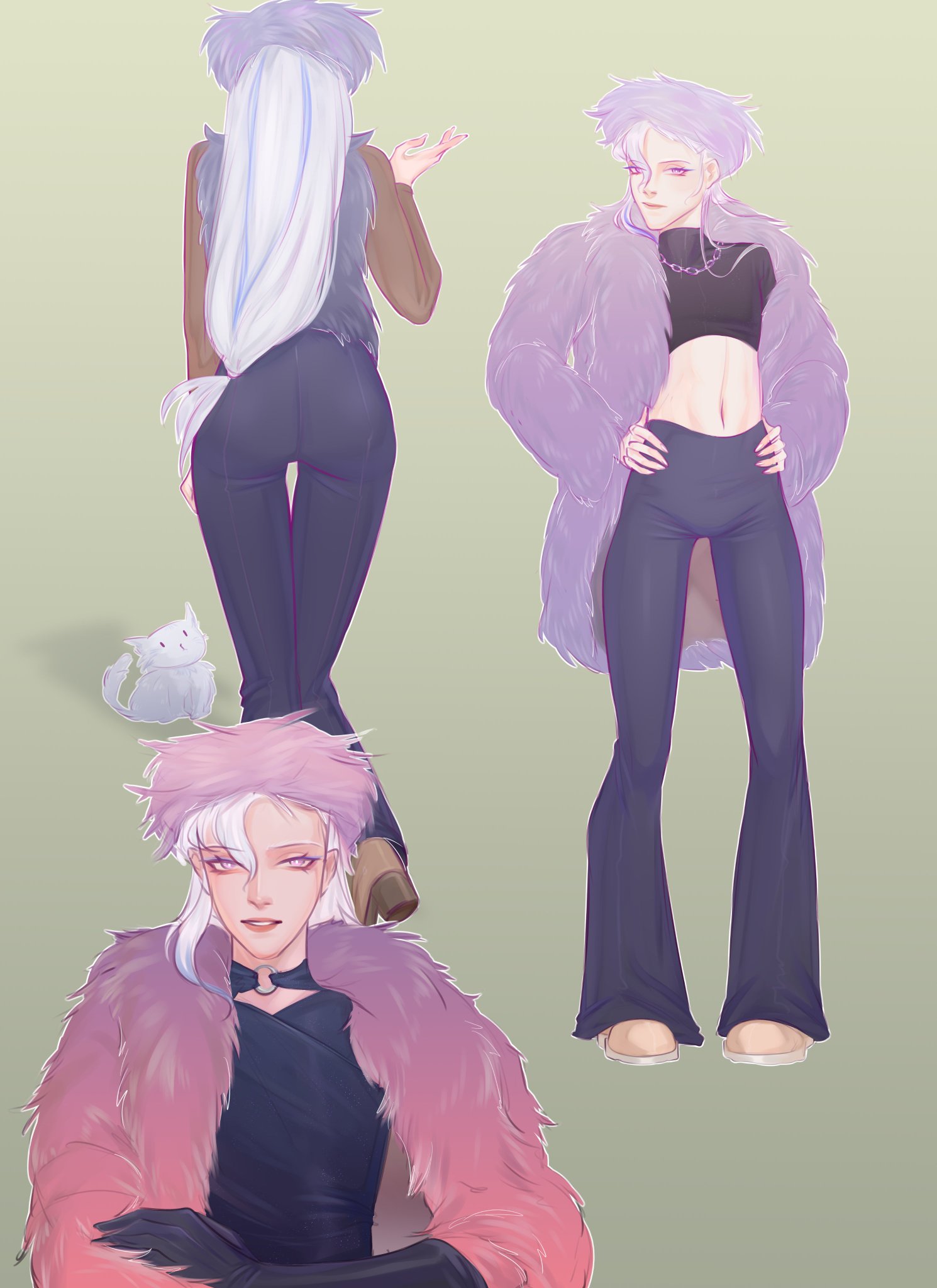 this is a digital illustration of three anime girls in different poses.  they all have long white or purple hair and are wearing fluffy coats.  one girl is wearing a purple coat, one is wearing a pink coat, and one is wearing a brown vest. the girl in the purple coat is standing with her hands on her hips, the girl in the pink coat is sitting down with her arms crossed, and the girl in the brown vest is standing with her back turned to the viewer. the girl in the brown vest is holding a small white cat. the background is a light green color.