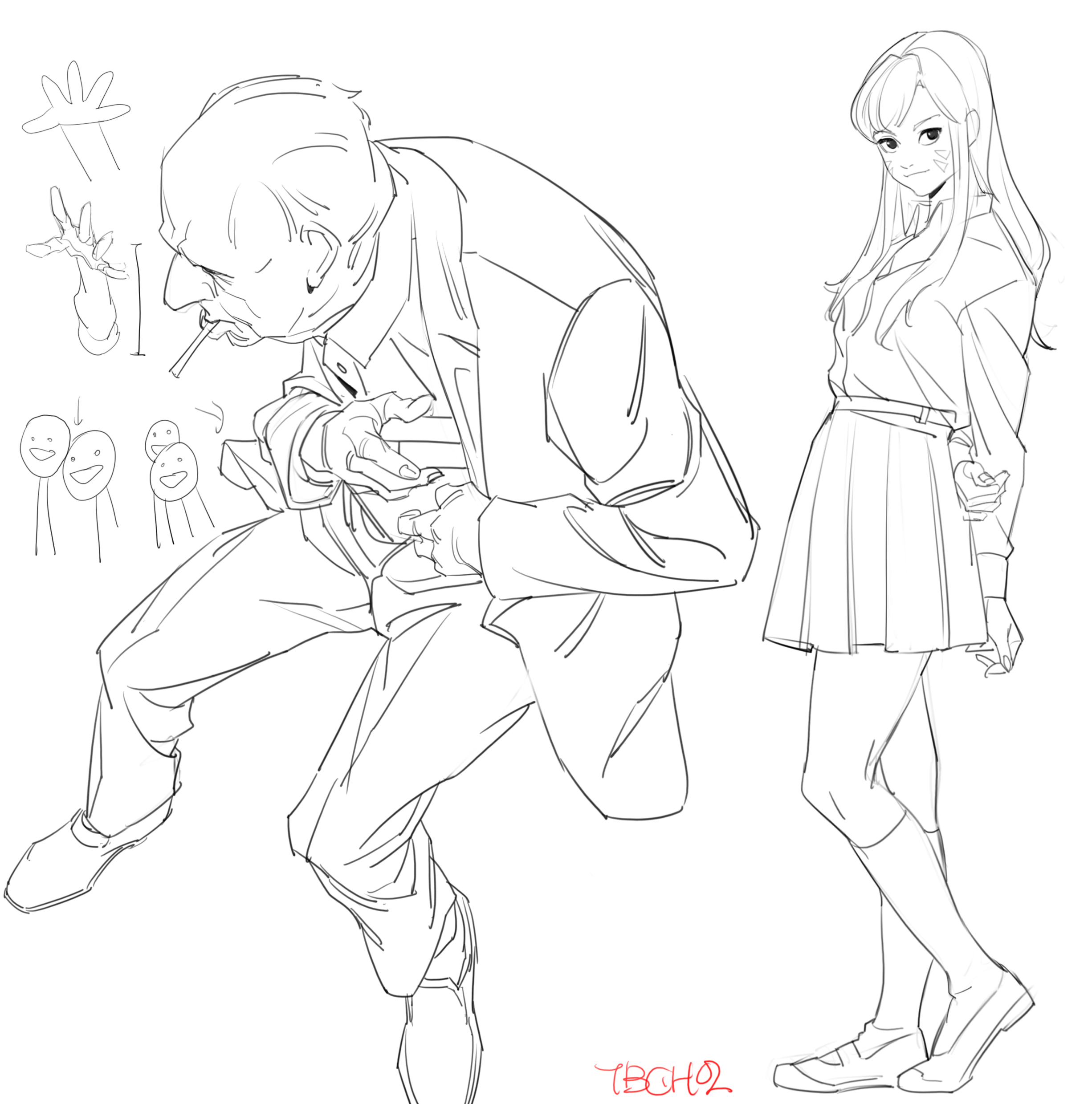 the image is a dynamic line drawing featuring two distinct subjects: an elderly man and a young girl.  the man is depicted in a crouched, somewhat energetic pose, possibly suggesting movement or interaction. he's dressed in a suit and appears to be engaging in some action, perhaps gesturing or talking.  small sketches of hands and happy faces are included nearby, possibly as reference for his pose or emotion.  the girl is drawn in a more static, yet poised pose, in a school uniform consisting of a blouse and pleated skirt. her style has an anime or manga influence. both figures are drawn with a loose, expressive line style, characteristic of quick gesture sketches that emphasize movement and form. the contrast between the old man's active posture and the girl's composed stance makes for a compelling composition. the overall style is loose and expressive, typical of a workinprogress sketch or a quick study.