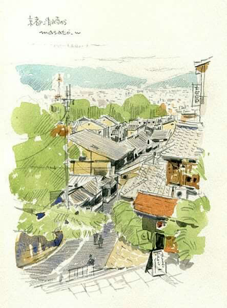 an illustration of a japanese cityscape painted in watercolor. the illustration shows a collection of buildings, including houses, with sloping roofs and green trees in the background.  it is a traditional japanese style of art.  the watercolor strokes are soft and the colors are muted, giving the painting a gentle, relaxed feel. the painting is likely to be a representation of an actual place in japan, as the artist has added the japanese characters for "masato" in the top left corner.
