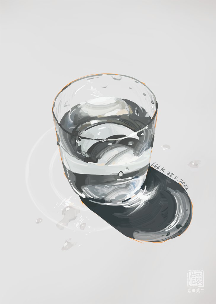 he image is a digital painting of a glass of water. the glass is partially filled with water, and there are water droplets visible on the outside of the glass. the glass is sitting on a dark coaster, and its shadow is cast onto the surface underneath. the background is a simple, light grey. the style of the painting is minimalist and realistic. the overall feel of the image is serene and calm.