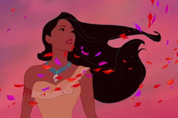 an illustration of pocahontas, a disney princess, in a frontal pose with her long black hair blowing in the wind. the background is a soft, warm pink with scattered red and purple leaves.
