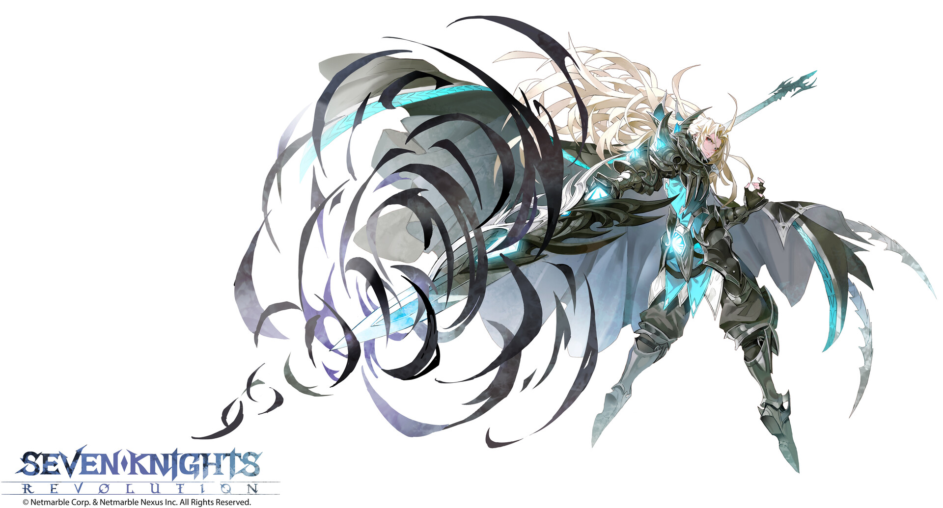 an illustration of a character from the game seven knights revolution, depicting a blondehaired knight in detailed dark and light blue armor wielding a weapon. the knight is in an action pose against a white background, with swirling black and grey energy or effects surrounding them. the logo of the game, "seven knights revolution," is visible in the lower left corner.