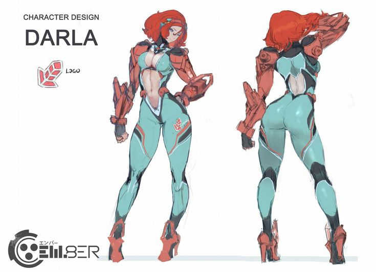 this image showcases a character design named "darla." the artwork presents a front and back view of a female character with vibrant red hair, wearing a teal and red futuristic suit with integrated armor pieces. her physique is depicted as muscular and strong. the design includes a logo, suggesting a potential branding or game affiliation. the style is reminiscent of concept art for video games or animation, with dynamic posing and a focus on detail in both the character's features and attire. the artwork is attributed to "emilber," indicating the artist's name or studio.