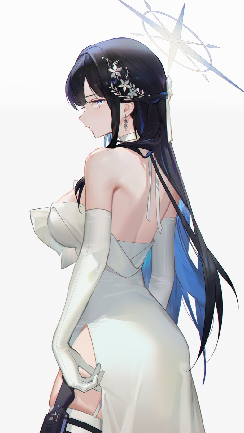 an animestyle illustration of a woman with long black hair with blue highlights, wearing a white strapless dress and white gloves. she has a hair ornament and earrings, and a halo above her head. she is holding her dress open and has a rifle on her hip.