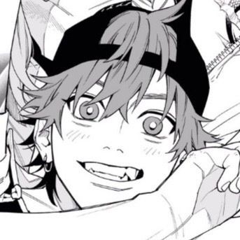 a closeup of a smiling anime boy. he has red hair, red eyes, and is wearing a black hat. his expression is happy and adorable. he is looking off to the side. the art style is manga, with black and white lines.