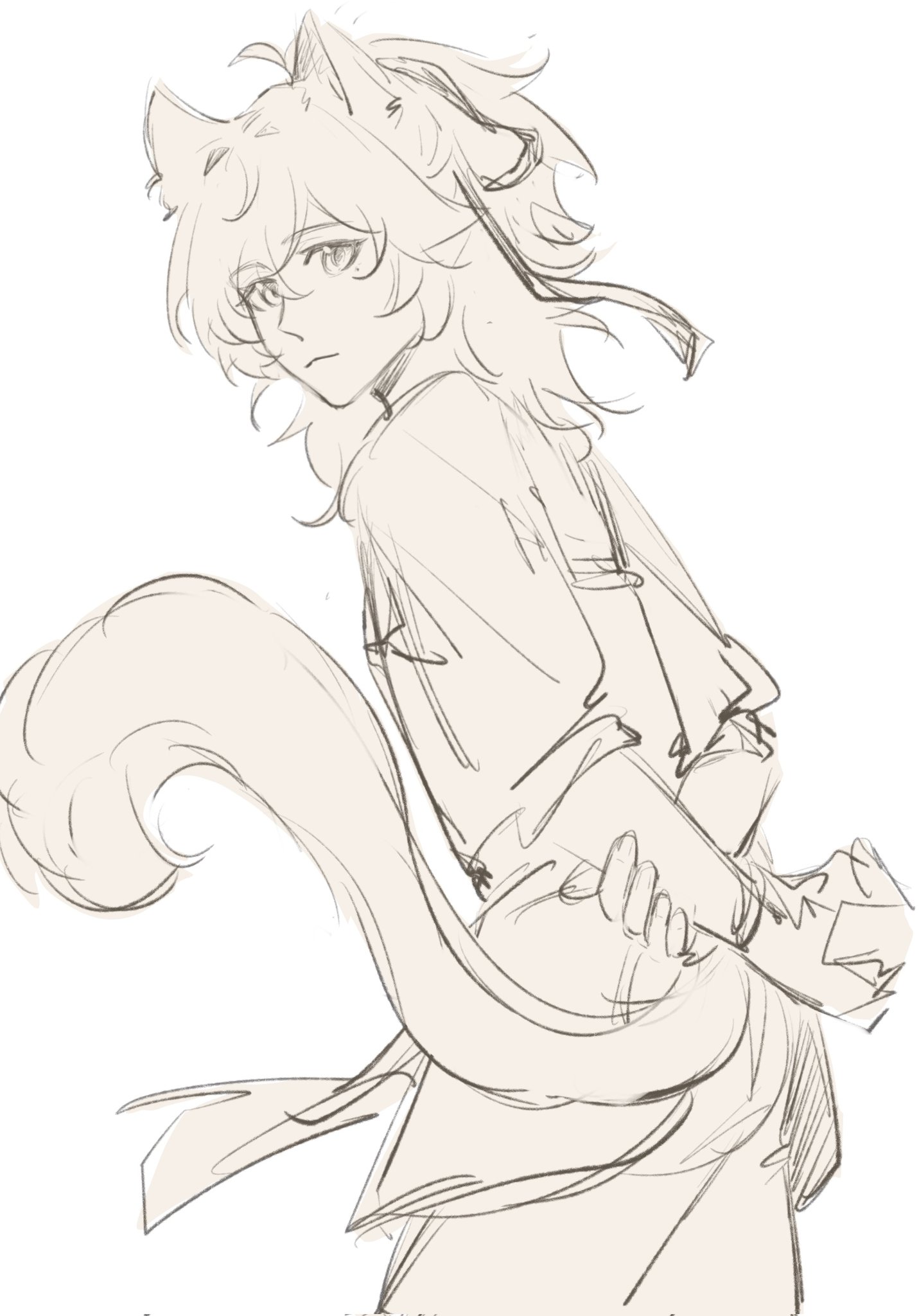 a sketch of an anime girl character with cat ears and a long fluffy tail. she has long wavy hair and is wearing a longsleeved shirt. she is looking to the side with a serious expression.