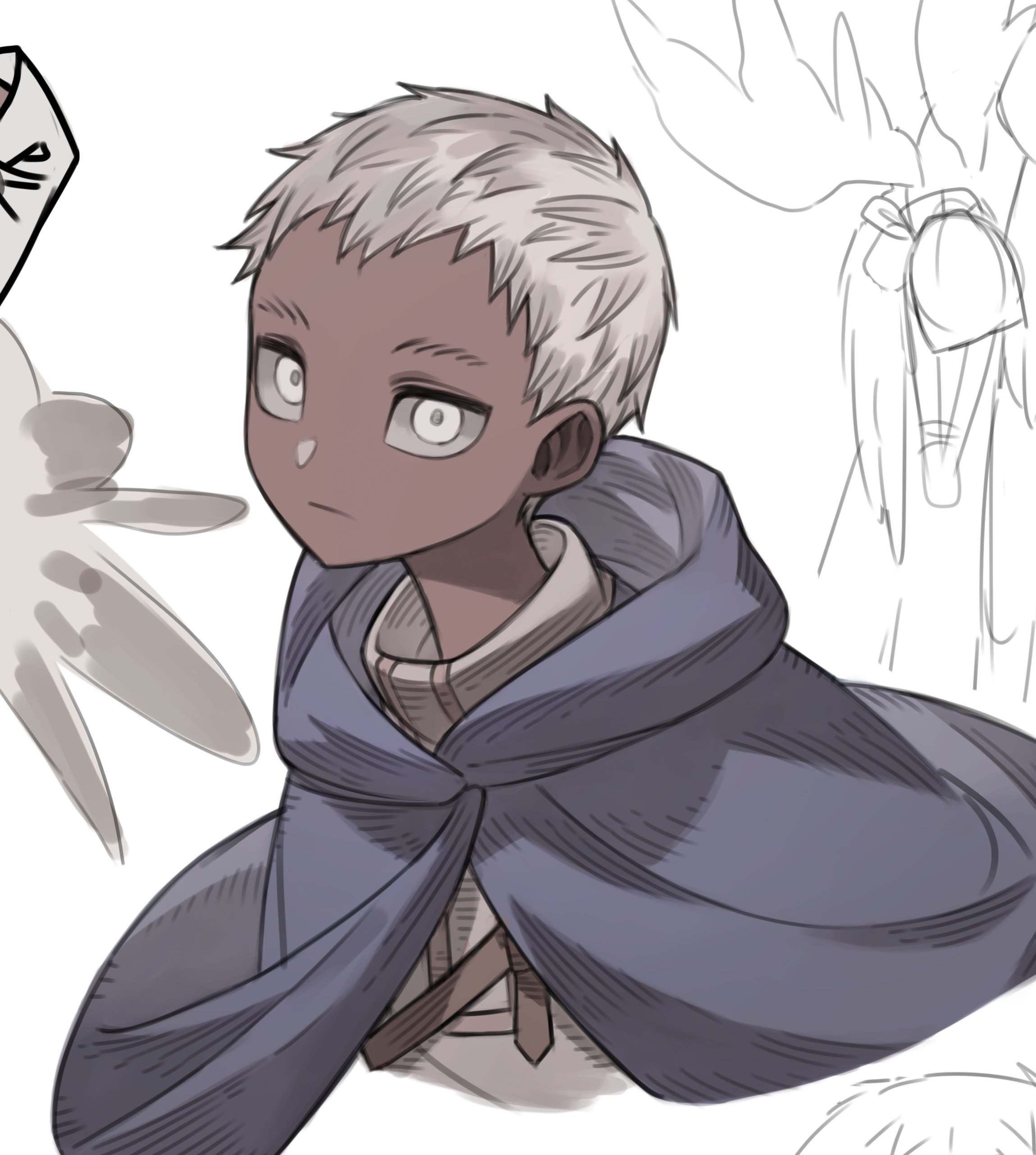 a sketched bust of a young, darkskinned boy with spiky white hair. he wears a creamcolored tunic with a high collar and a long, flowing blue cape. the style is reminiscent of anime and manga. the boy has large, expressive eyes that convey a sense of wonder and determination. he appears to be a fantasy character. the background is white with faint, unfinished sketches of other elements.