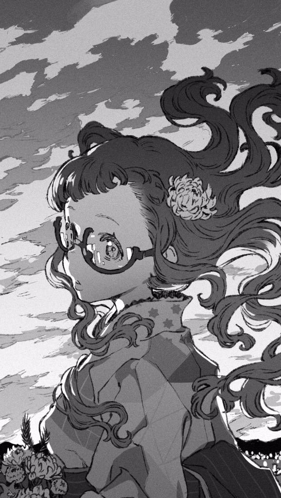 a black and white illustration of a young girl with long, windblown hair and glasses. she is wearing a patterned jacket and holding a bouquet of flowers. the sky behind her is cloudy and dramatic.