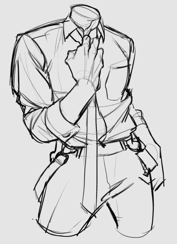 a sketch of a headless man in a shirt and pants adjusting the collar of his shirt, drawing is in black and white with just outlines and some shading.