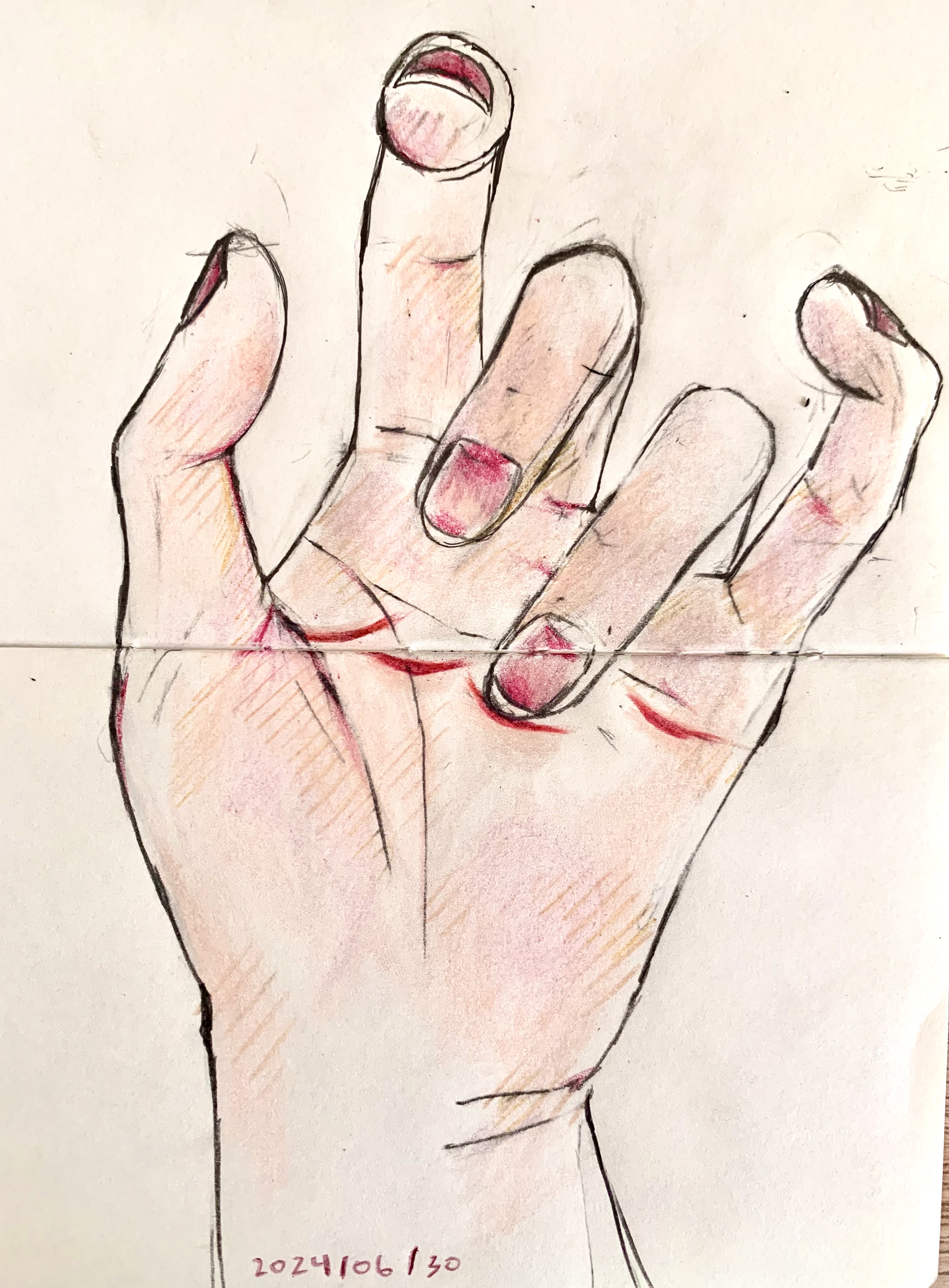 this is a pencil and colored pencil sketch on textured paper of a right hand, palm forward, with the index finger pointing directly upwards. the drawing has red and peach tones and was made on february 06, 2021.