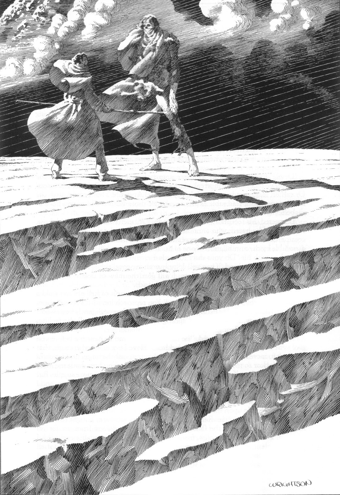 the illustration depicts two figures standing precariously on the edge of a snowy precipice. they are dwarfed by the towering, jagged peaks behind them, the landscape rendered in stark black and white. the dramatic lighting casts deep shadows, adding to the sense of danger and isolation. the wind whips at their clothes, emphasizing the harshness of the environment. their body language suggests confrontation or a pivotal moment of decision.  the detailed hatching technique creates a sense of texture and depth, particularly in the rendering of the snow and rock formations.