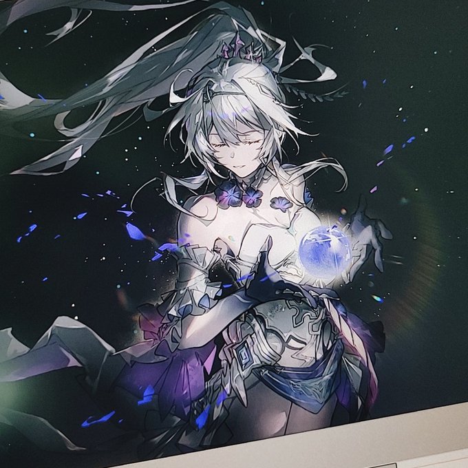 the image showcases a digital illustration of a young woman, likely an anime character, with flowing white hair tied up in a ponytail. she is adorned in an elaborate outfit with shades of purple and blue, suggestive of a magical or fantasy setting. in her hands, she delicately holds a glowing blue orb, which illuminates her with a soft, ethereal light. the background is a deep, dark blue, almost black, dotted with tiny white specks, creating the illusion of a starry night sky. the overall atmosphere of the image is magical and somewhat melancholic.