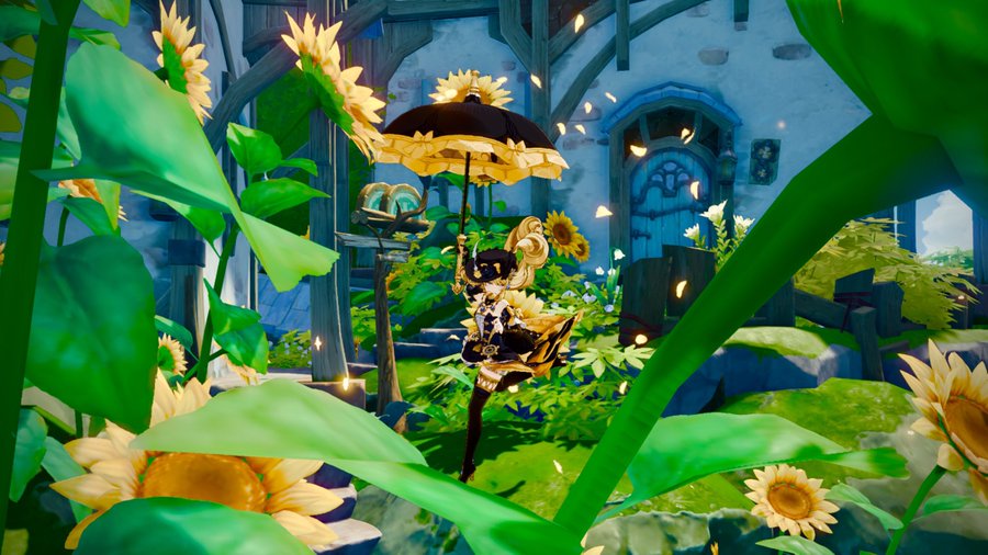 vibrant digital illustration or screenshot from the video game genshin impact features klee, a young character, playfully positioned in a sundrenched garden brimming with sunflowers.  klee holds a black and gold umbrella, adding a touch of whimsy. the background showcases a quaint villagelike structure with a blue door, contributing to the game's distinctive fantasy aesthetic. the overall style is colorful and lighthearted, capturing a scene of summery joy. the composition includes lush greenery and abundant flowers, creating a lively and immersive atmosphere.