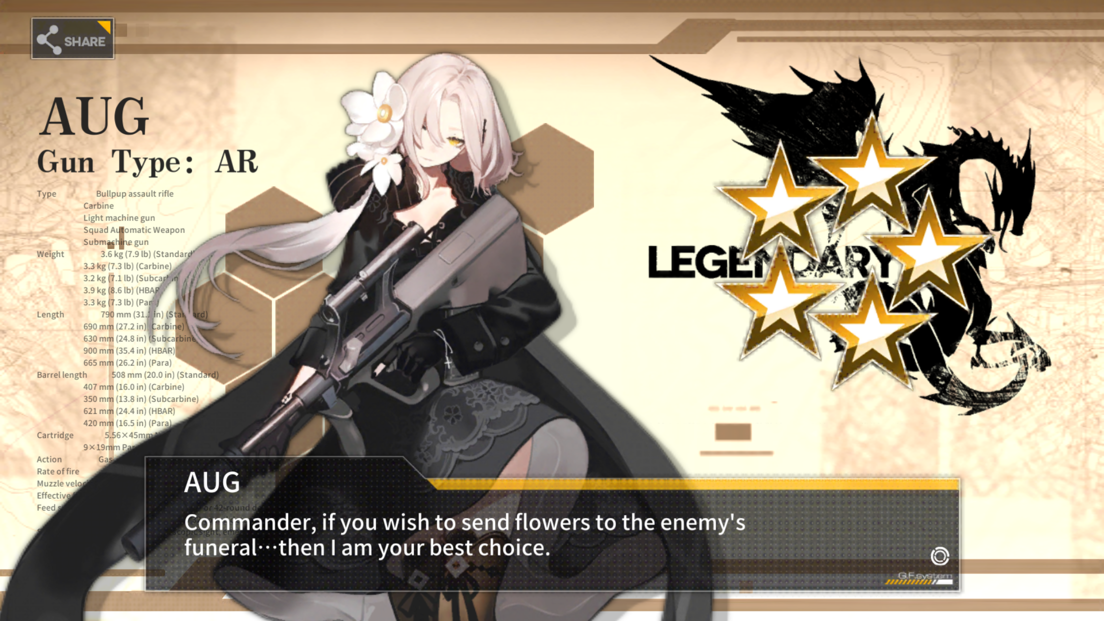 the image appears to be a screenshot from a mobile game. it features a female character holding a large black rifle, which is identified as an aug. she is a lightskinned character with long white hair and is dressed in a black and white outfit. text on the image indicates her name is "aug" and classifies her weapon as an "ar" (likely assault rifle). a speech bubble at the bottom of the image reveals a quote from the character, suggesting her lethality in combat. the overall aesthetic of the image points towards a tactical or militarythemed game with fantasy elements.  the color palette is predominantly dark with accents of white and gray.