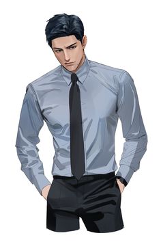 a digital illustration of a man in semiformal wear. he is wearing a fitted light blue buttonup shirt with a darkcolored tie tucked into black slacks. the man has styled black hair and is facing slightly down with his hands in his pockets. the background is white.