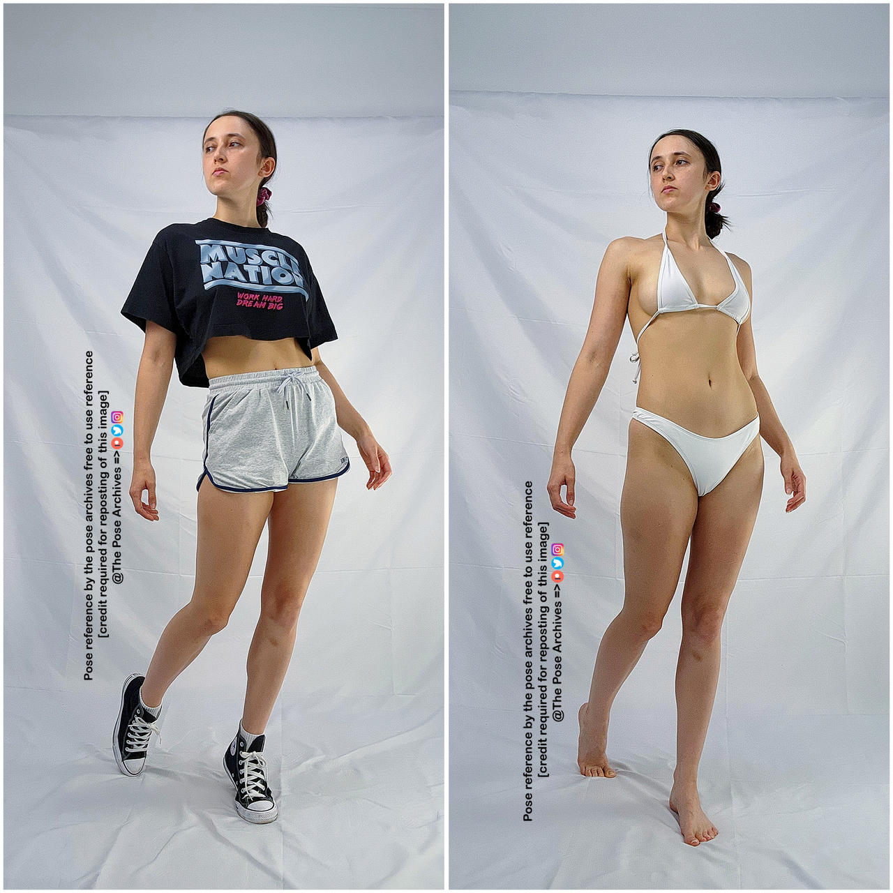 a woman poses against a plain white background in a collage of two photos. on the left, she is wearing a black cropped tshirt, gray athletic shorts, and black and white converse sneakers.  on the right, she is wearing a white bikini top and bottom. the photos are marked with watermarks indicating they are free to use as pose references, but credit is required.