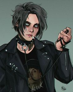 the image is a digital drawing of a young man with an emo/goth aesthetic. he has black hair with choppy layers, pale skin, and dark eye makeup. he's wearing a black leather jacket, a black tshirt featuring a graphic of frank iero, a spiked choker necklace, and multiple rings on his fingers. he is holding a lit cigarette in his left hand and looking directly at the viewer. the background is a plain, muted grey.