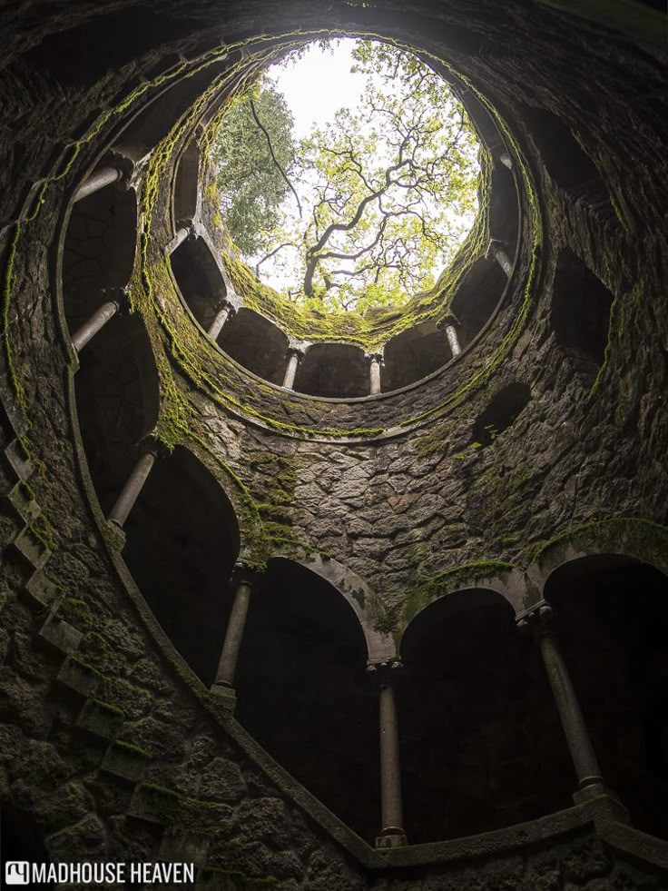 a lowangle shot looking up from the bottom of the initiation well at quinta da regaleira in sintra, portugal. the well is a spiral staircase constructed of stone and covered in moss, with arched doorways supported by columns along the way. at the top, a view of the sky and a tree can be seen. the structure appears to be underground.