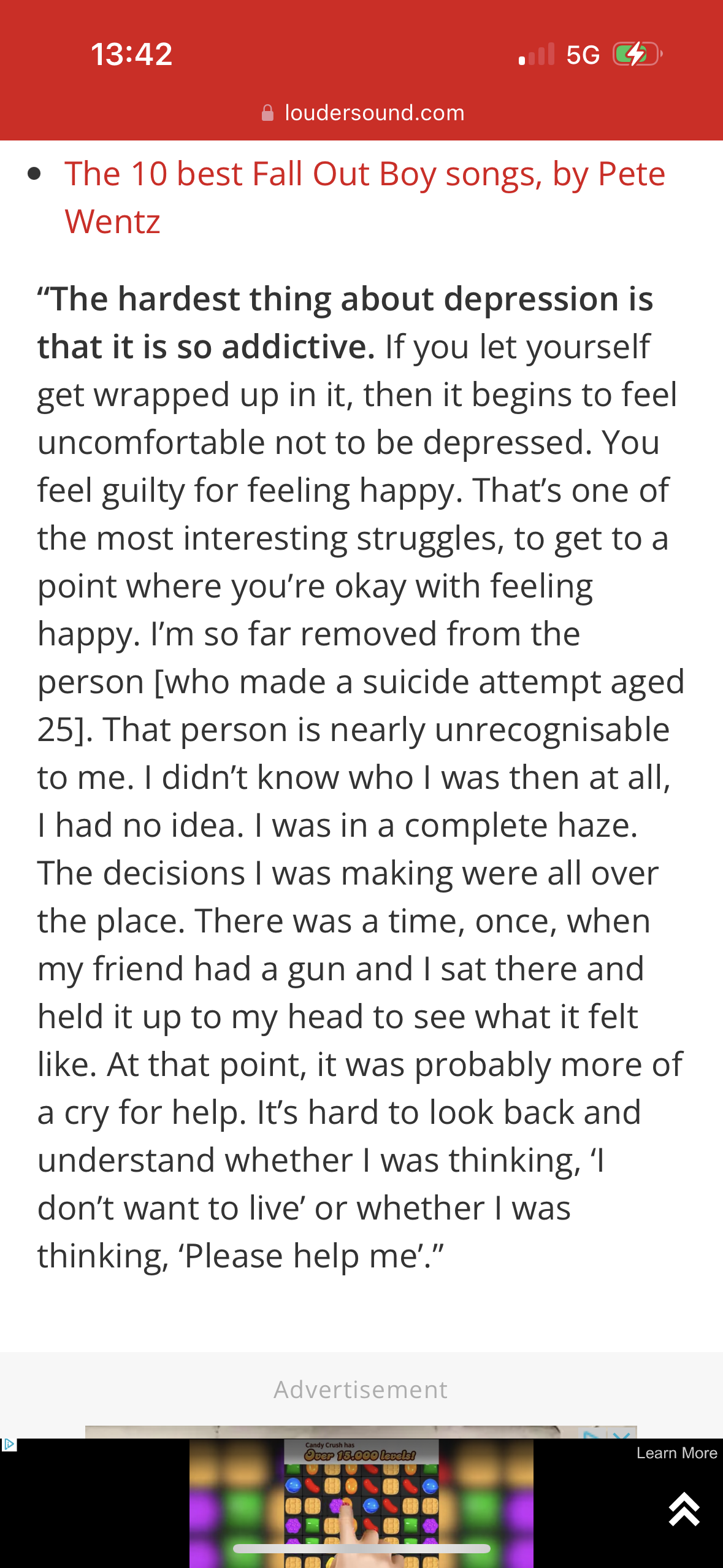 the image shows a text article from loudersound.com about pete wentz's experience with depression and his attempt to commit suicide. the article also mentions the song "the hardest thing" by fall out boy, which is about the same topic.