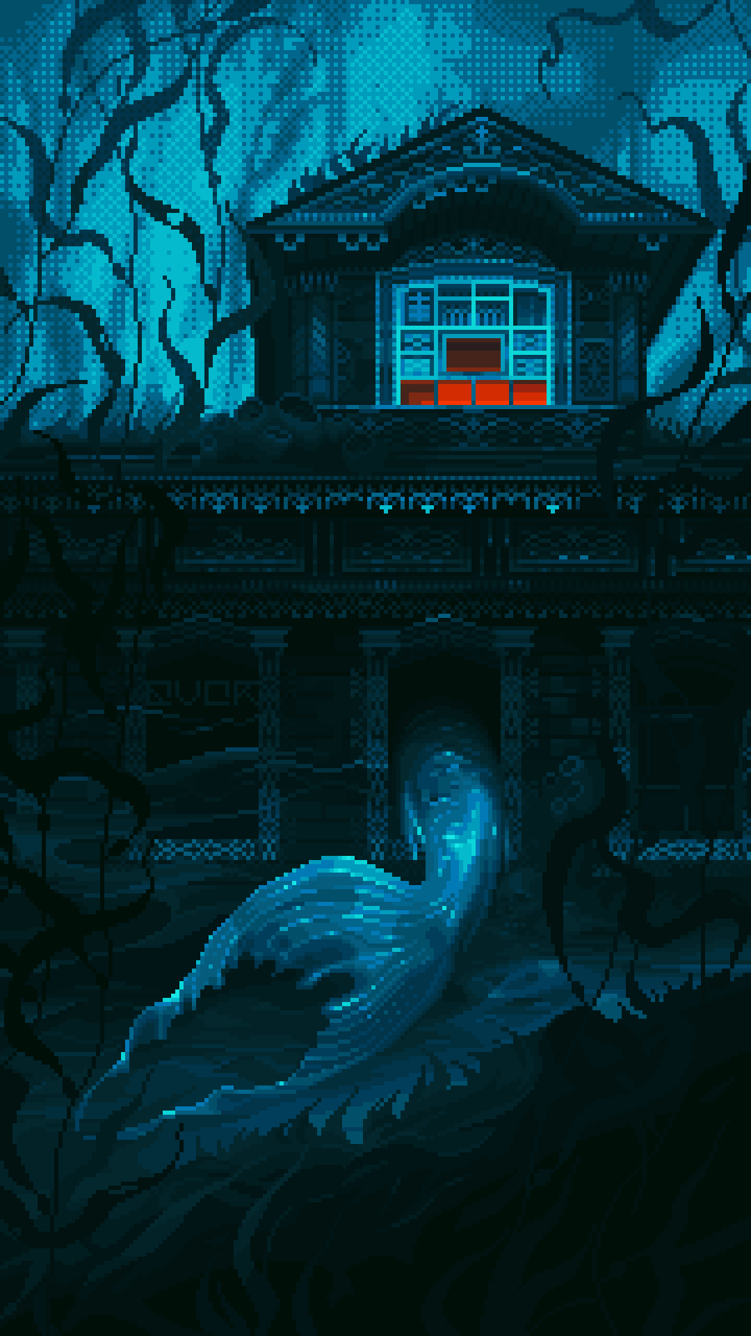 the pixel art image shows a mermaid swimming in the flooded ruins of a house at night. the house is partially submerged in dark water, with its overgrown porch visible above the surface.  the only light source is a warm, red glow emanating from a single window on the second floor, illuminating a swirling pattern of dust motes.  a blue mermaid, her back to the viewer, swims towards the house, her tail disappearing into the murky depths.  the overall atmosphere is one of mystery and eerie beauty, suggesting a haunting or otherworldly presence.