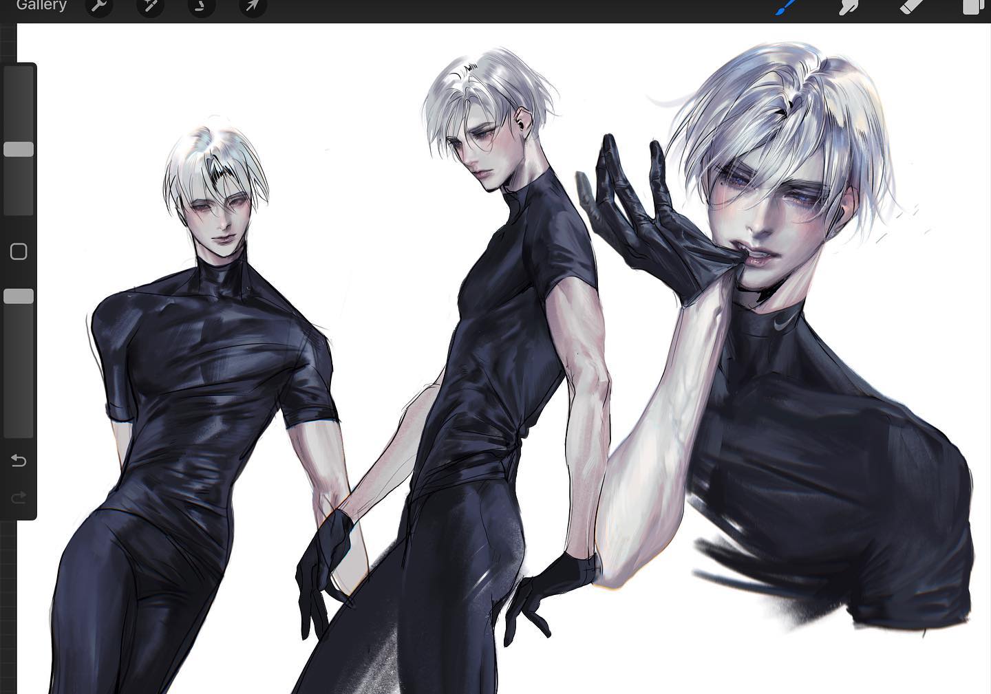 the image showcases three different artistic renderings of the same male character, likely a concept exploration for a single figure. each view highlights different angles and poses of the young man.  he is depicted with short, styled silver hair and is wearing a formfitting, shortsleeved black top with a high collar, suggestive of athletic wear or a performance costume. in two of the renderings, he sports sleek black gloves that extend past his wrists. the style leans into the aesthetics of anime and manga, evident in the character's features and the overall artistic approach. the drawings are done in varying levels of detail, suggesting an ongoing creative process.
