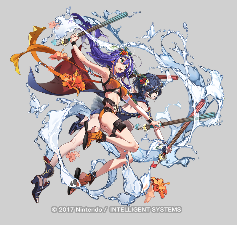 two female characters with blue and purple hair in swimsuits are fighting with water weapons against a grey background. they are surrounded by splashes of water and flower petals.