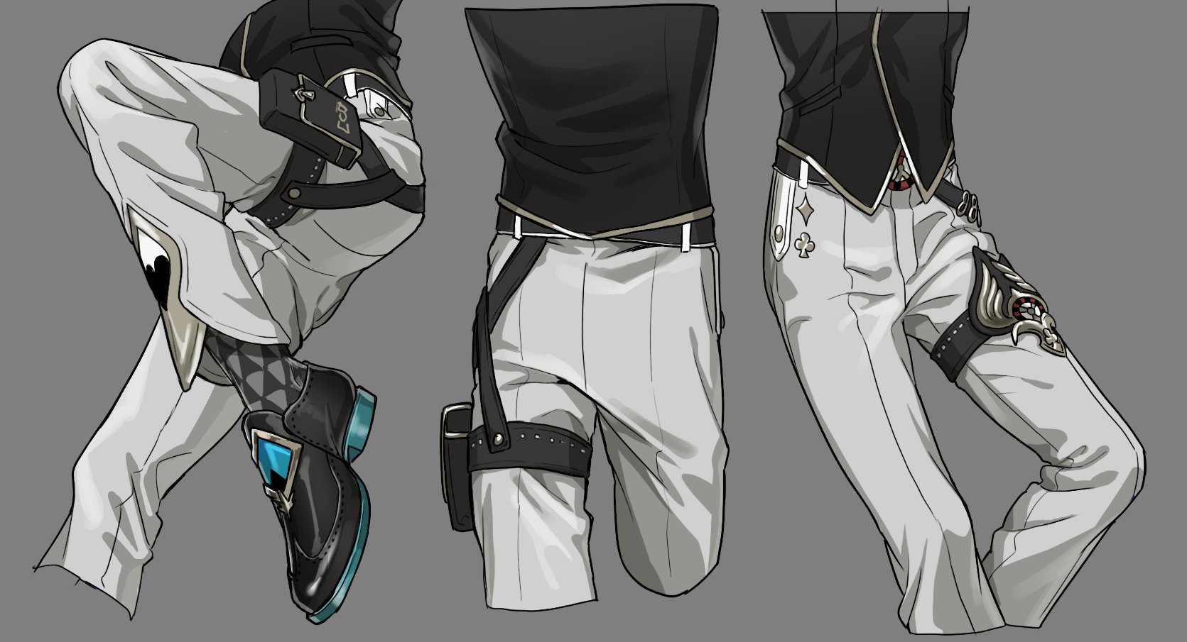 he image showcases three different views of a character's lower body, focusing on the design of their clothing. the character is wearing light grey trousers with a black top, detailed with various accessories, including belts, holsters, and ornate embellishments.  the illustrations highlight the clothing's design features and fabric texture.  one view shows the character in a dynamic pose, showcasing the fit and drape of the trousers. the other two provide static views, emphasizing details like the unique buckles and patterns.  the overall style is sleek and sophisticated with a touch of fantasy elements in the accessories' designs.