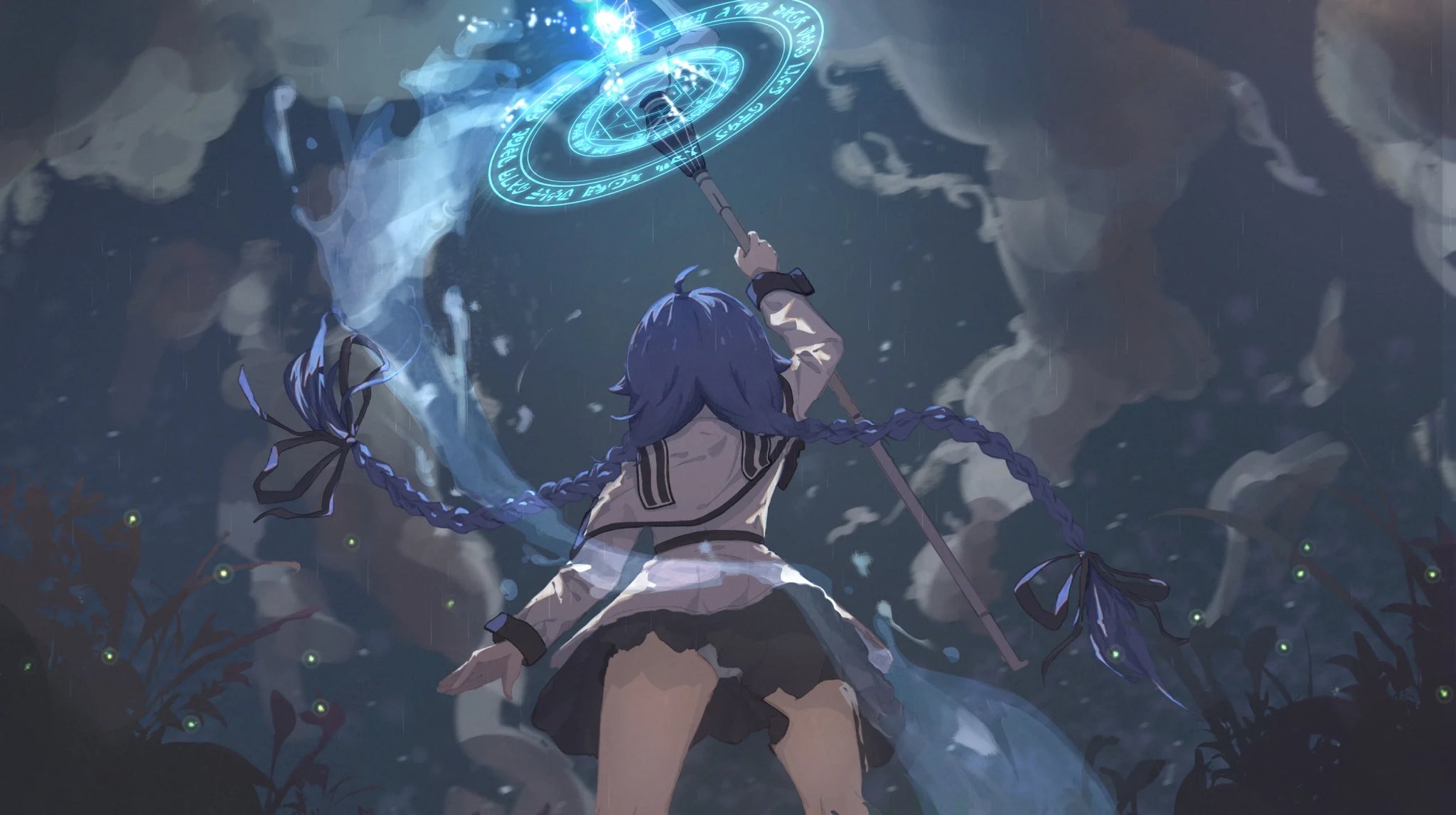 an animestyle girl stands with her back to the viewer, holding a staff with a glowing magical circle at its top. she has long blue braided hair tied with ribbons. it's raining, and the background shows clouds and glowing lights among plants. the overall atmosphere suggests a magical or fantasy setting.