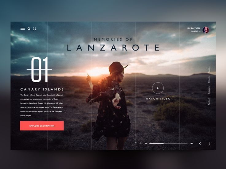 this is a website screenshot for tourism, featuring a woman standing with her arms outstretched in front of a sunset landscape. the text on the page mentions canary islands, lanzarote, and the option to explore the destination.