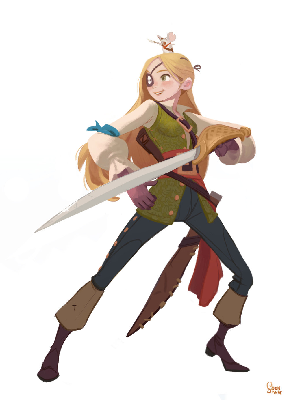 a young, blonde girl dressed as a pirate stands confidently with a sword in hand. she wears a green vest over a white shirt, brown pants, and brown boots. a blue sash is tied around her waist, and a brown belt with a pouch hangs at her hip. she has an eyepatch over her right eye and a mischievous smile on her face. a small, white mouse perches on her head. the background is plain white.