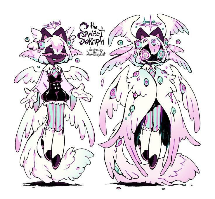 the image is a digital illustration featuring two designs of a character labeled "the sweet seraph". both versions have cat ears with a halo, wings, striped tights, and are rendered in a pastel color palette. the design on the left is smaller with a black dress and a more open, welcoming pose. the design on the right is larger with additional wings and a more complex, abstract face. the style of the artwork is reminiscent of anime or manga. the design is by deadkillycat.