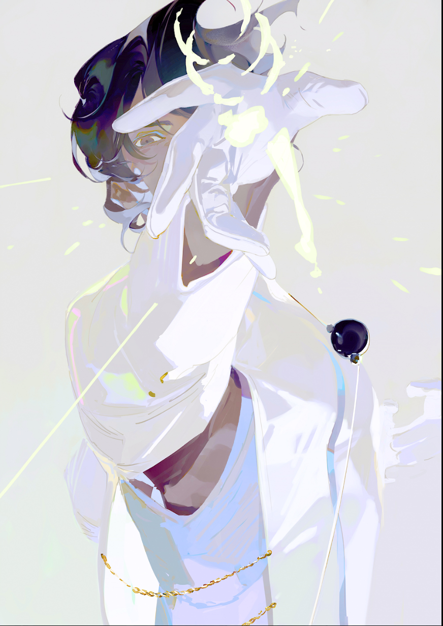 the image features a stylized illustration of a young man seemingly summoning or controlling a luminous figure made of light with his hand.  he is dressed in fashionable attire consisting of a white jacket, a partially visible white undershirt, and white gloves. he also sports a chain with a circular pendant. the artwork employs a light color scheme with an emphasis on white and variations thereof, creating an ethereal and otherworldly atmosphere.