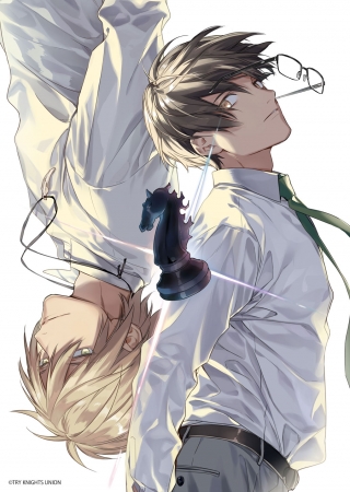 the image shows two anime boys, one with blond hair and one with brown hair, standing side by side.  the boy with blond hair is facing the left side of the image, while the boy with brown hair is facing the right side. the boy with blond hair is wearing a white shirt and black tie, while the boy with brown hair is wearing a white shirt and green tie.  they are positioned in the background, and a chess piece is visible between them. the background is a white background.