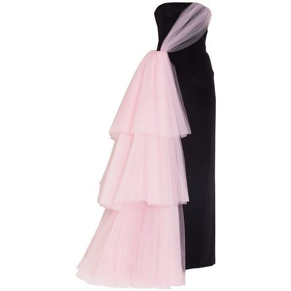 a strapless, black evening gown is shown with a large pink tulle bow cascading down the back in three tiers.