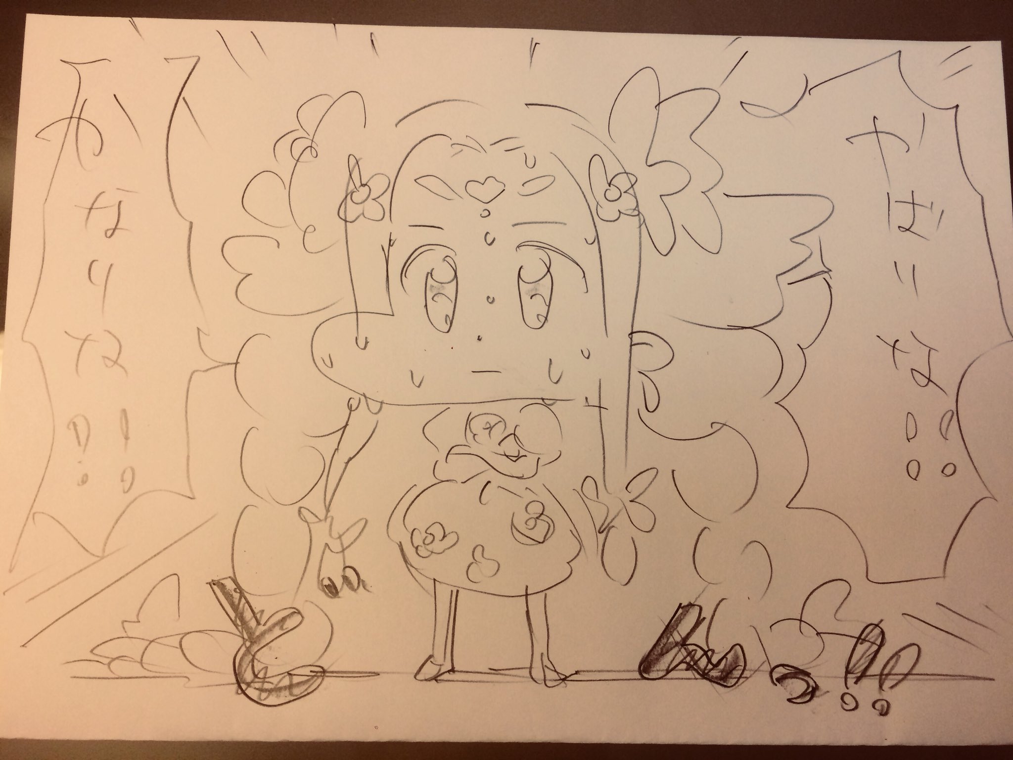 the image is a handdrawn sketch of a young girl who appears to be surprised or in shock. she is sweating and has a look of apprehension on her face. the background is filled with japanese sound effects that typically express surprise or astonishment. the drawing style is reminiscent of anime or manga.
