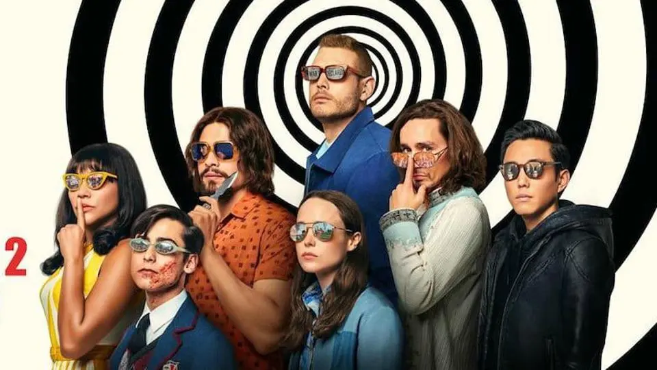the image is a promotional poster for the second season of the netflix series "the umbrella academy". it features the main cast of the show standing in front of a black and white spiral background. they are all wearing sunglasses and making a "shh" gesture with their fingers.  the poster is dominated by the show's signature black, white, and red color scheme. the use of spiral imagery and the characters' serious expressions create a sense of mystery and intrigue, inviting viewers to unravel the secrets of the upcoming season.