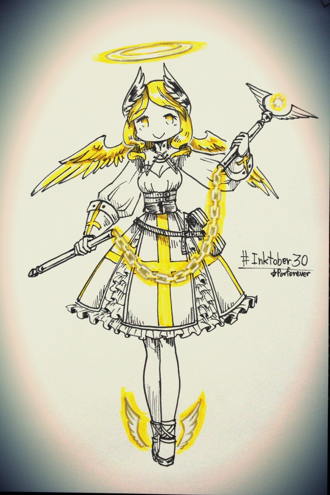a handdrawn illustration of an animestyle angel girl. she is wearing a yellow dress, a halo, wings, and a chain with a cross in the center. she is also holding a staff with a cross at the top and a circle in the center of the staff. she has a sweet and innocent expression on her face. the illustration is drawn in black and white, with yellow highlights for the halo, wings, dress, chain, and cross. the artist has included a small note at the bottom that says "#inktober 30 #forever". this drawing is likely part of the #inktober challenge, where artists draw something new every day in october, using only ink. this image could be found in a fan art, character designs, or online art communities.