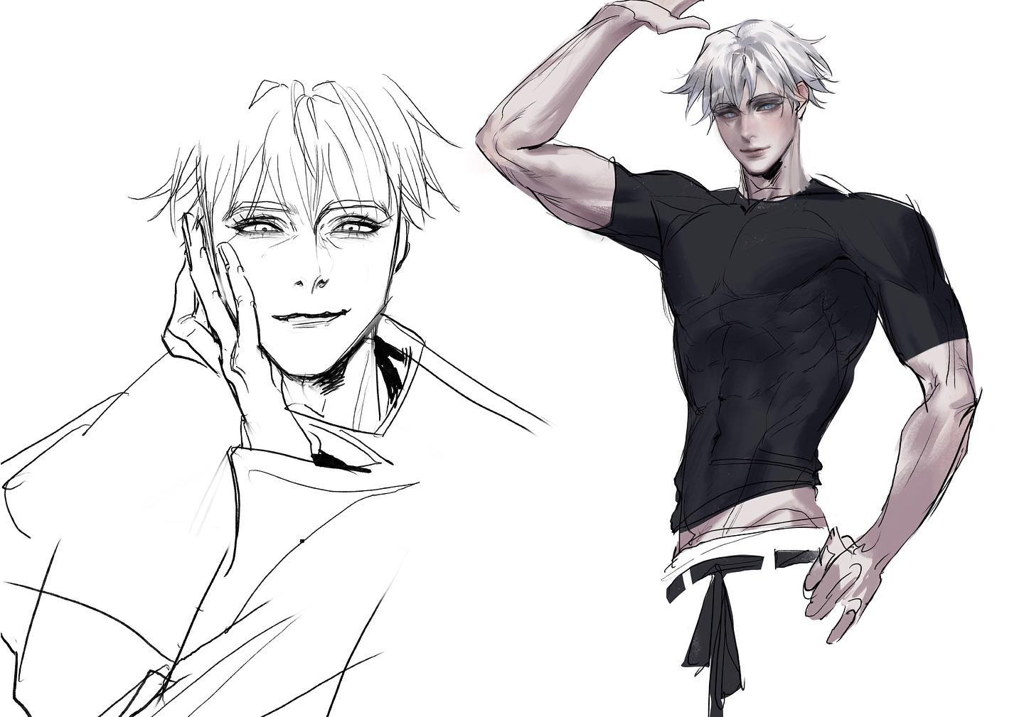 the image contains a sketch of two anime male characters. the one on the left is drawn in black and white line art, and he is facing forward with his hand on his chin. the one on the right is drawn in black and white, but is shaded in with grey tones. he is shown in a side view, flexing his muscles with his hand raised to his head.  he is wearing a black shirt and white pants. both characters have white hair.