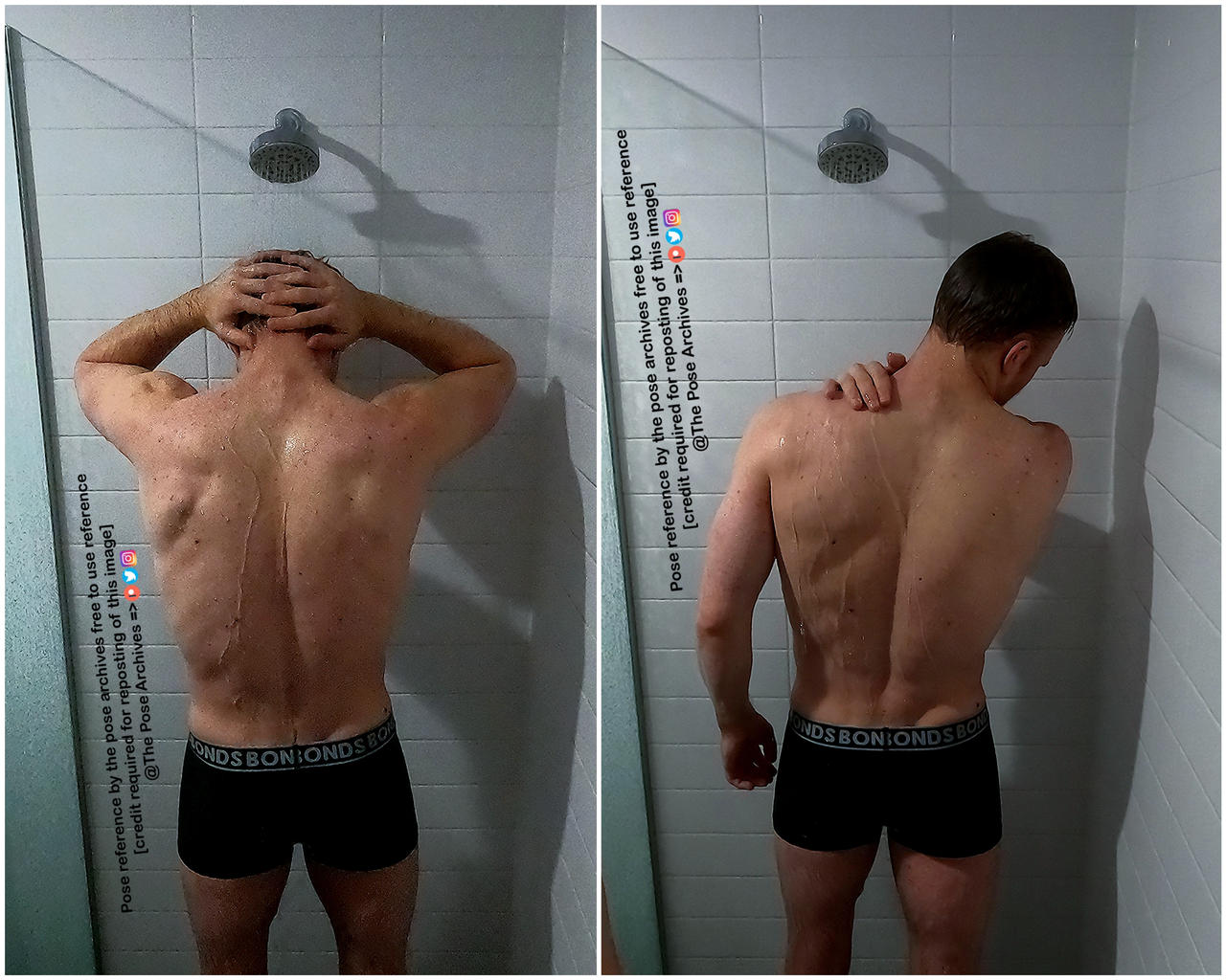 a man is taking a mirror selfie of his back in the shower. he is wearing black underwear and has his hands on his head in the left image and on his back in the right image. the shower is tiled in white and the grout is dark grey. the shower head is visible in the top left corner of both images. the lighting is bright and artificial. the perspective is eye level.