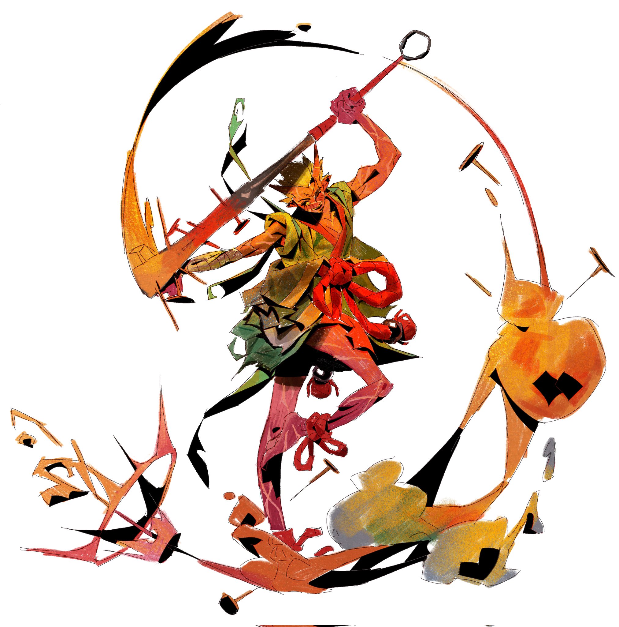 the image is a dynamic digital painting or illustration of a stylized male warrior character. he's depicted in a powerful, acrobatic pose, wielding a large scythelike weapon. the character's design blends elements that seem to draw inspiration from japanese folklore and manga/anime styles. his clothing is loose and flowing, with a mix of earthy and vibrant colors. the background is an abstract swirl of color and lines that enhances the sense of movement and energy.  the overall style is expressive and energetic, with bold lines and a loose, almost painterly approach to color application.  there are additional abstract elements that resemble projectiles or broken pieces, suggesting motion or perhaps a recent battle.