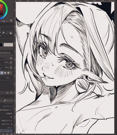 the image shows a digital drawing of an elf girl in progress. the image is a closeup of the girl's face and shoulders, and she is looking directly at the viewer. the drawing is in black and white, and the lines are still quite rough. the artist is using a digital painting program, and the program's interface is visible on the lefthand side of the image.