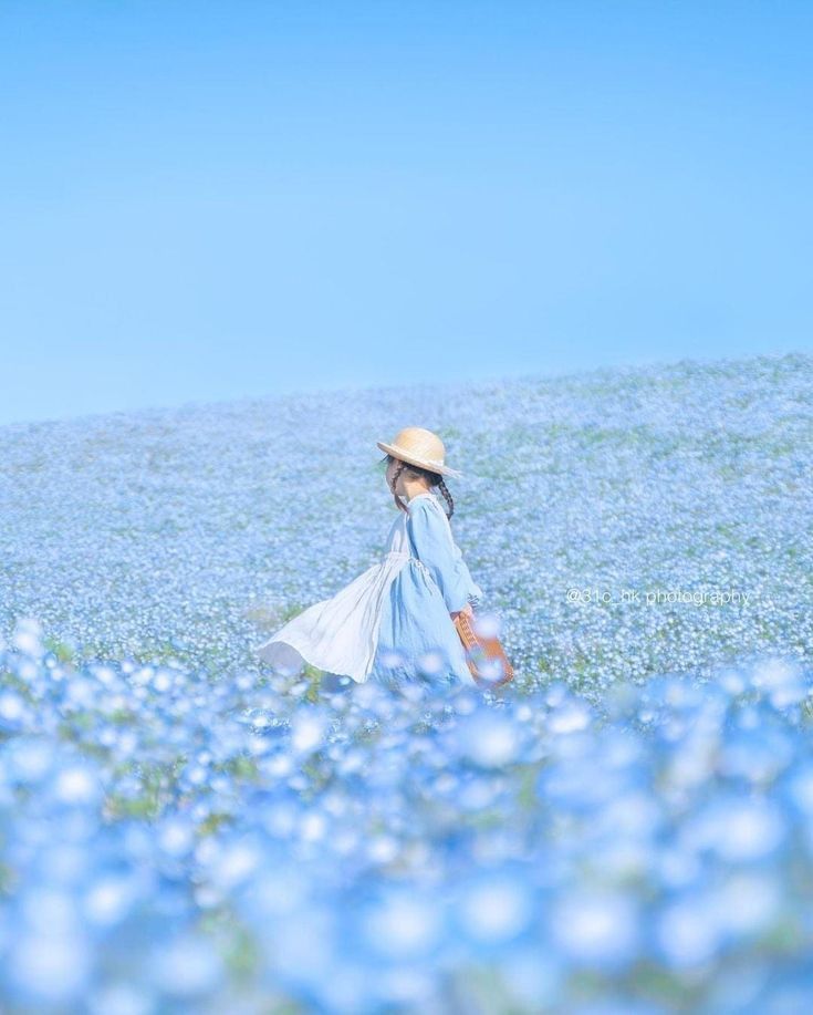 the image is a dreamy, pastelcolored photograph of a young girl in a light blue dress and straw hat walking through a vast field of blue nemophila flowers. the flowers stretch to the horizon, creating a sea of soft blue. the girl is slightly blurred, creating a bokeh effect that emphasizes the vastness of the flower field. the sky is a clear, pale blue. the overall feeling is serene, peaceful, and beautiful, creating a soft and calming atmosphere. the image evokes a sense of springtime and evokes a feeling of wanderlust.