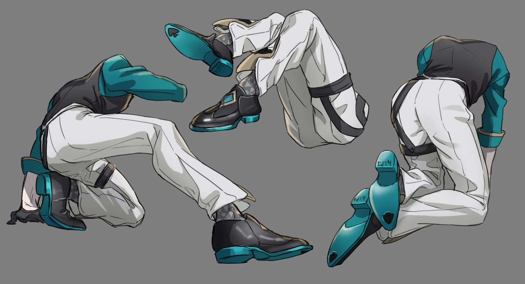 this image is a digital illustration of an anime character in three different poses. the character is a man with white pants and a black jacket or shirt. he is wearing teal and black shoes. the character is shown in different stances  standing with one leg raised, crouching and sitting.  the background is gray.
