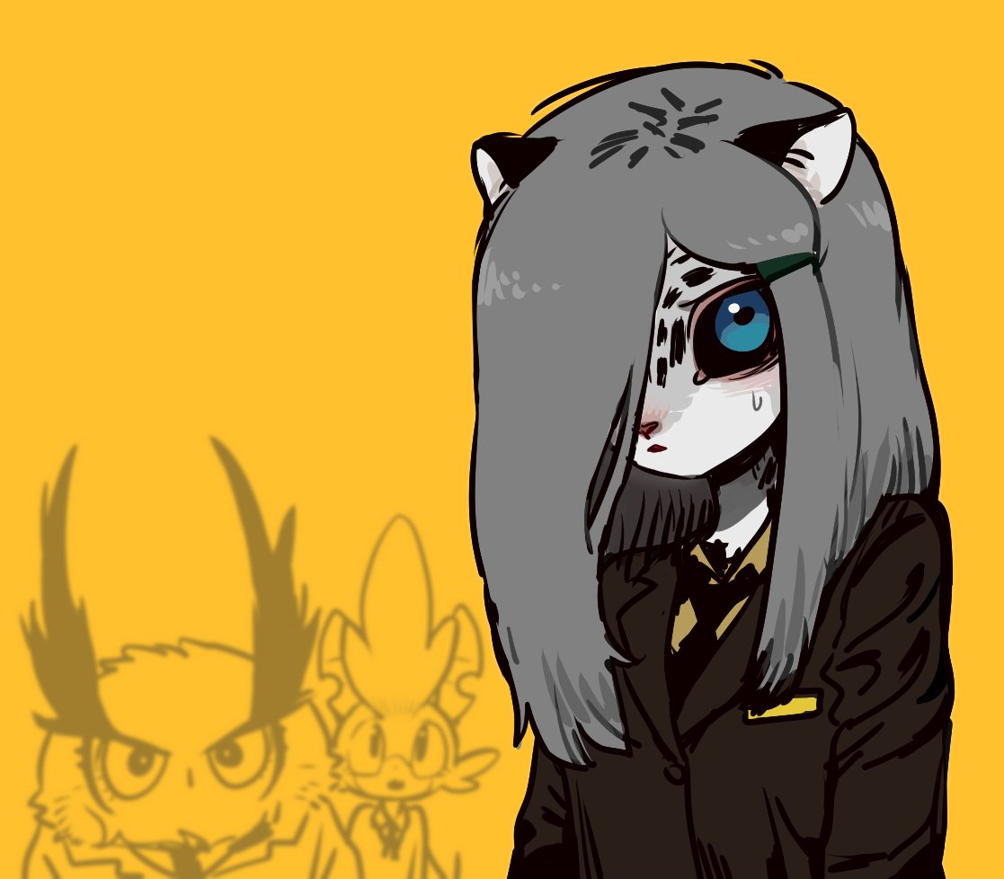 a cartoon image of a girl with long white hair and a black suit. she has white fur on her face and a dark blue eye. she is looking to the right, and her expression is sad. behind her, there are shadows of other cartoon characters.