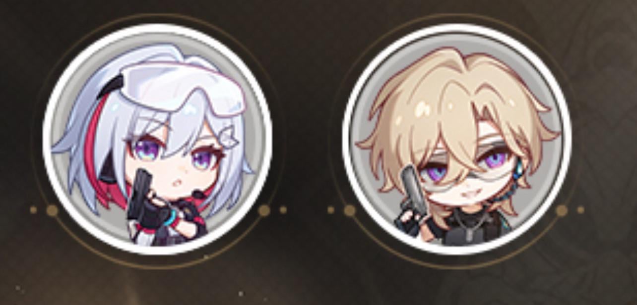 the image features two anime girls in chibi style. both girls are holding guns and have purple eyes. the girls are both in circles with white borders and are on a dark brown background. the girl on the left has white hair with a pink and red hood. the girl on the right has light brown hair with a black hood.
