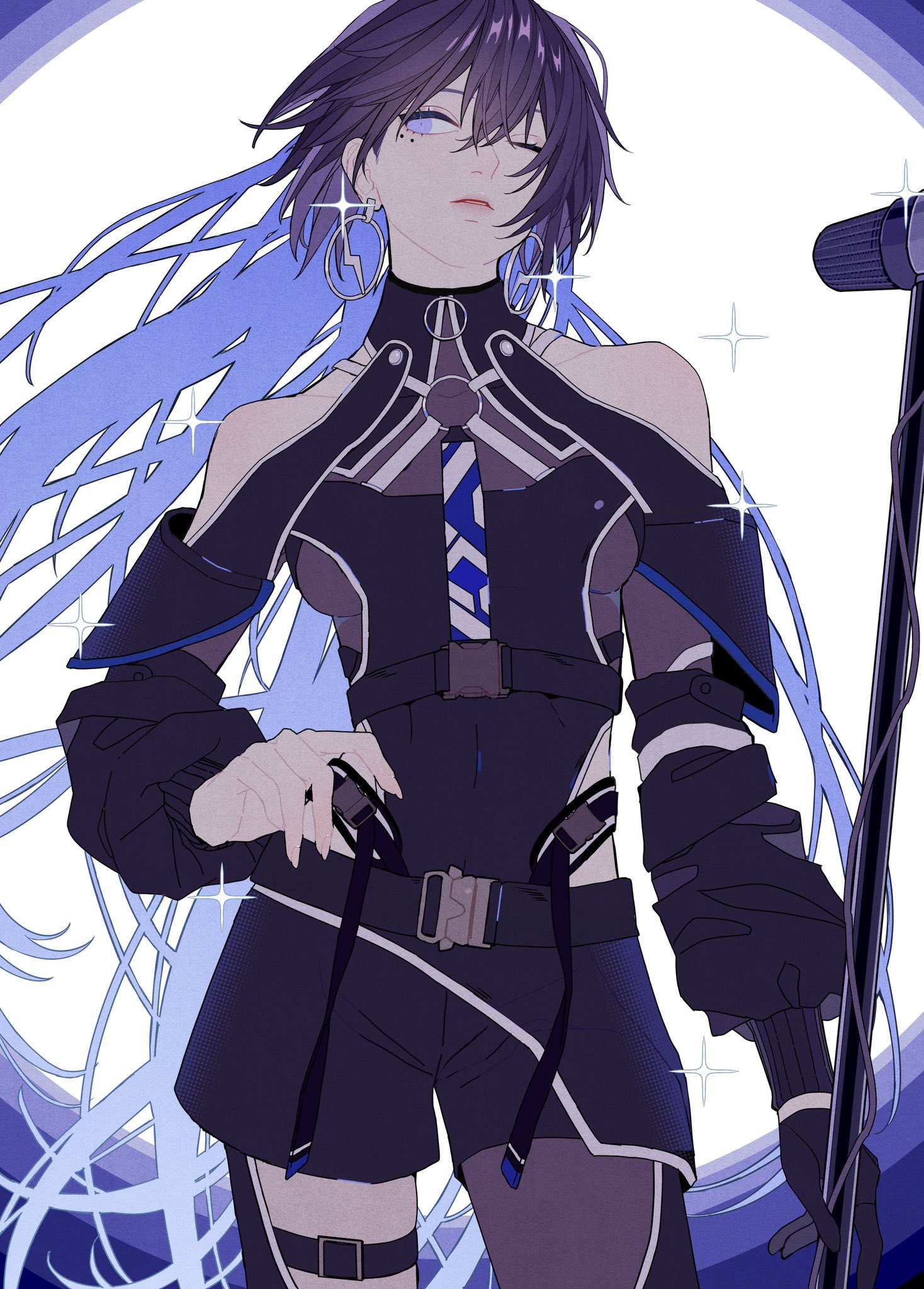 an animestyle image of a slender male character dressed as a singer. he has short, dark hair with blue highlights and is wearing a black outfit with a tie and various straps and belts. he is holding a microphone and posing with a cool expression. the background features a starry design.