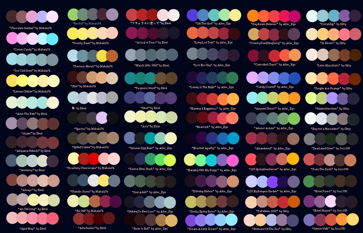 this image is of a digital graphic containing 50 color swatches, each labelled with the name of the color and the creator of the palette.